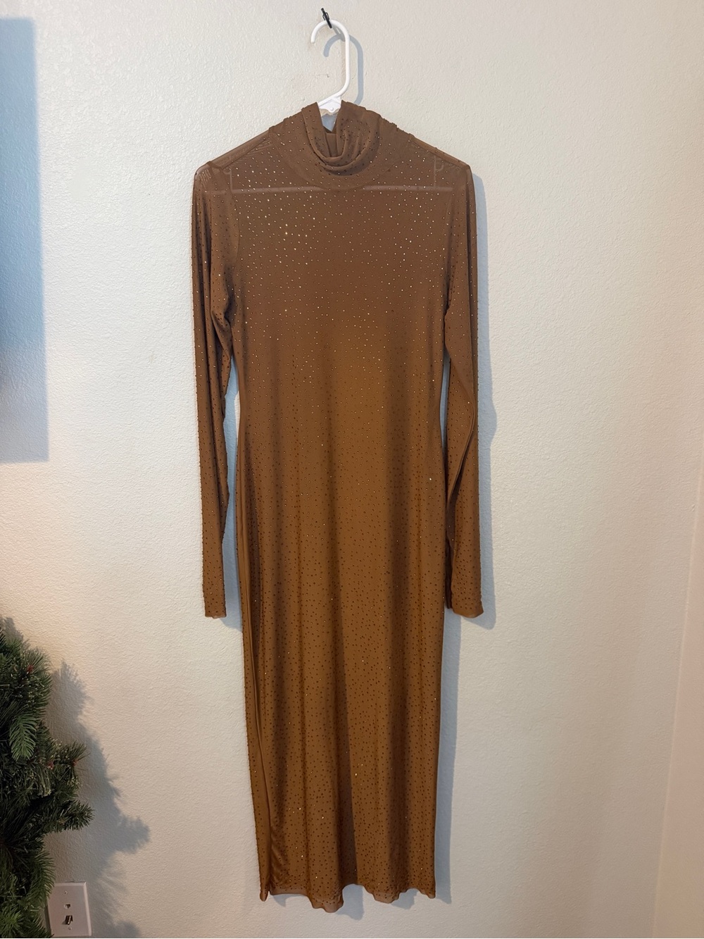AFRM Brown Long-Sleeve Turtleneck Mesh Midi Dress with Stud Accents